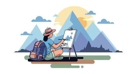 Fototapeta premium Artist Painting Scenic Mountain Landscape While Enjoying Creative Peaceful Journey