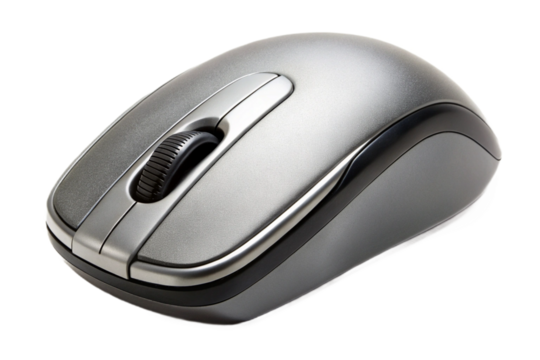 Close-up shot of a sleek silver computer mouse isolated on a simple background transparent background