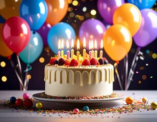 Birthday cake with candles and balloons. Festive celebration