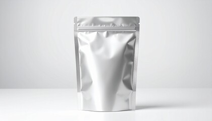 Silver stand-up pouch with resealable zipper on a gray background