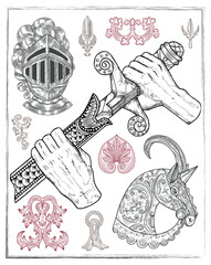 Old fantasy engraved illustrations with hands holding sword, knight helmet, horse head and patterns isolated on white. Vector line art drawings, adventure medieval symbols