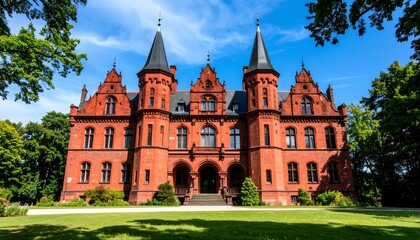 Obraz premium Grand red brick castle facade on a sunny day