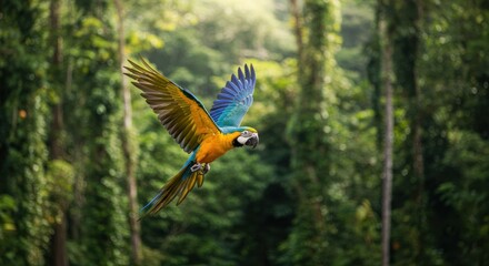 Fototapeta premium Vibrant Blue-and-Yellow Macaw in Flight Through Lush Rainforest