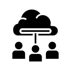 Black silhouette icon of a user group connected to a cloud database, symbolizing teamwork and shared network services