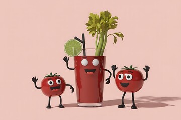 Cheerful tomato characters and a Bloody Mary cocktail ready to celebrate healthy living