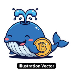 Cute cartoon whale holding a Bitcoin coin. A happy crypto whale mascot for digital currency