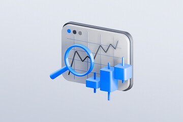 3D Financial trading Icon. Investment in the stock market concept. Trading Terminal. Magnifying glass, market graph and candles isolated on white background