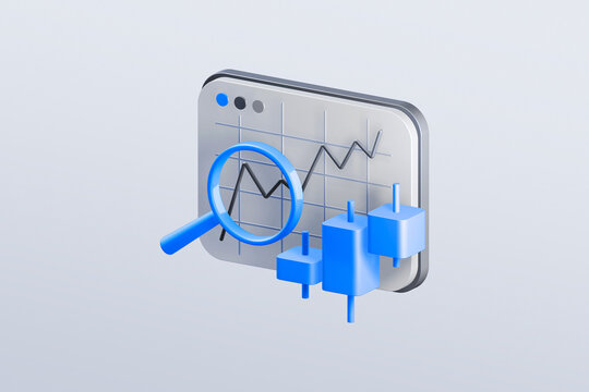 3D Financial trading Icon. Investment in the stock market concept. Trading Terminal. Magnifying glass, market graph and candles isolated on white background