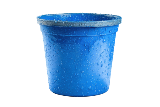 Blue Water Bucket with Droplets on Transparent Background
