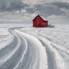 Red barn with path carved through snow by tire tracks