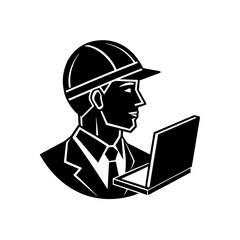 clean vector male profile  hard hat  with a laptop