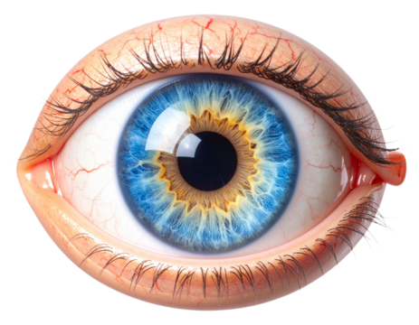 A detailed 3D anatomical model of a human eye shown in close-up, sliced in half horiz 57352