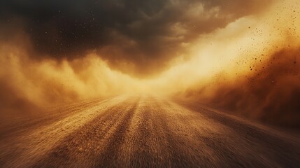 Desert landscape with swirling dust and sandy terrain under a dramatic sky Dunes in motion create a dynamic and intense atmosphere in the arid environment