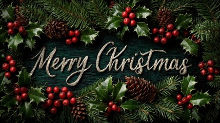 Festive Christmas Composition: A beautifully arranged holiday composition featuring the handwritten words Merry Christmas, accompanied by lush greenery and seasonal accents. Generative Ai