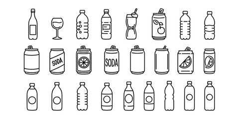 Assortment of Beverage Bottles and Cans Line Art Icons on White Background wine bottle glass