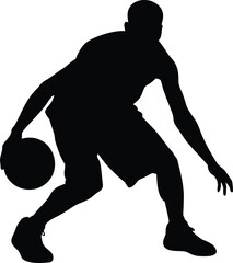 Vector silhouette of a basketball player in a low crossover dribble pose.