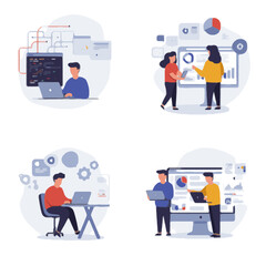 Software development team working on computer, UI UX design, data analyst, programmers illustration