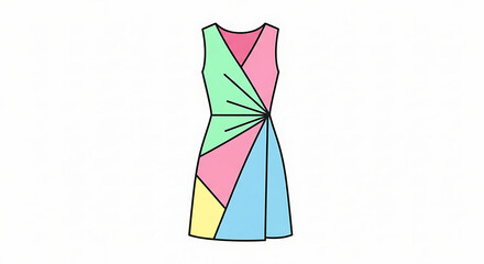 Colorful, abstract design of a wrap dress, showcasing a vibrant patchwork pattern.