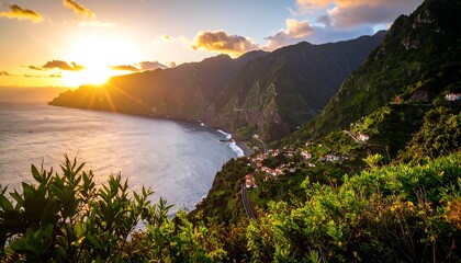 Obraz premium Dramatic sunset over a coastal town nestled in a mountainous valley