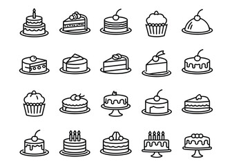 Assortment of Cake and Cupcake Line Art Icons for Celebrations dessert sweet