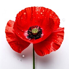 Vibrant Red Poppy Flower with Water Droplets on White Background.
