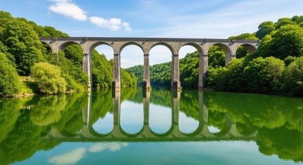 Majestic stone viaduct gracefully arches over a tranquil green river reflecting its beauty on a sunny day