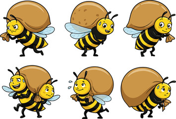Cartoon bees carrying heavy sacks, cute vector illustration for honey, hard work, teamwork, insects, nature, pollen collection, and mascot use.