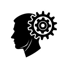 male silhouette profile with a prominent cogwheel 