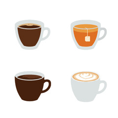 Obraz premium Coffee Tea Latte Drinks Beverages Cups Isolated White Background Vector Illustration