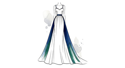 A fashion design illustration of an elegant white gown with a flowing blue and green watercolor train.