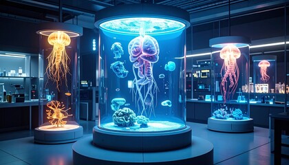 Surreal aquarium of floating glowing organs, futuristic experimental lab scene

