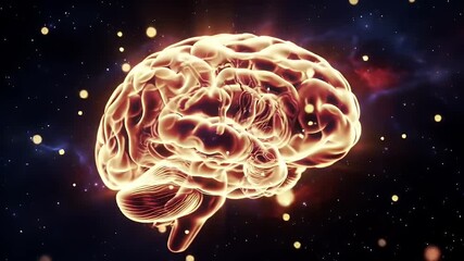 Rotating Glowing Translucent Human Brain Amidst Cosmic Nebulae and Sparkling Bokeh Representing Intelligence Consciousness and the Mysteries of the Mind Evoking Wonder and Exploration - Powered by Adobe