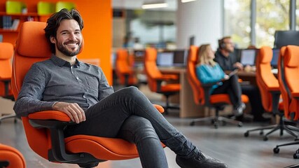 Confident young professional man with beard sits in vibrant orange ergonomic office chair smiling directly at camera for success corporate culture modern entrepreneurship concept - Powered by Adobe