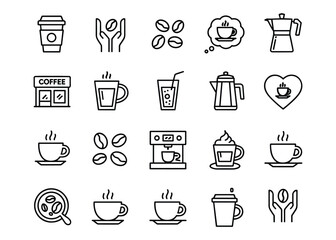 Coffee shop icons including cups beans espresso machine and coffee maker coffee cup coffee beans