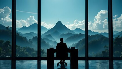 Businessman working at desk overlooking mountain view office leadership concept