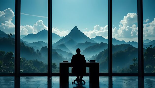 Businessman working at desk overlooking mountain view office leadership concept