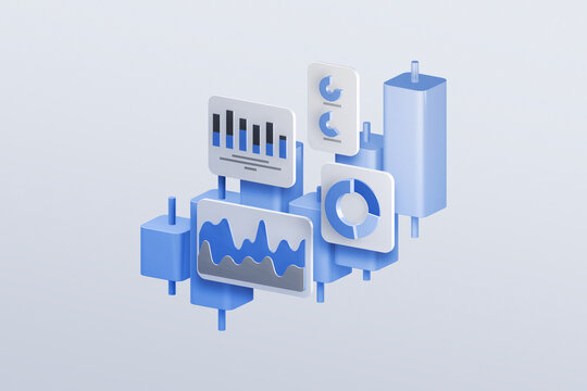 3D Icon Financial trading results. Investment in the stock market concept. Trading candles with graphs and charts isolated on white background