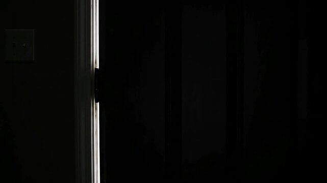 A dimly lit doorway with a sliver of light and a light switch on the wall