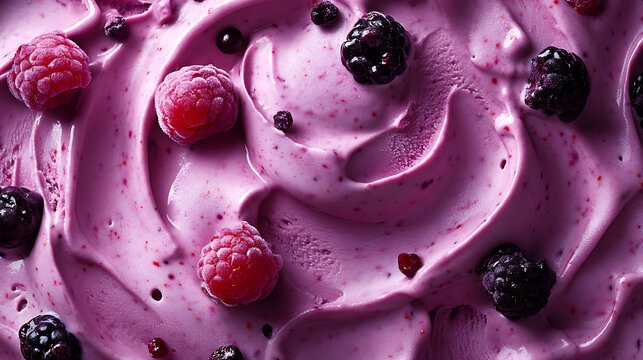 A closeup topdown photograph of a wide expanse of mixed berry ice cream surface, deep purple and magenta tones with swirls of blackberry and raspberry puree,