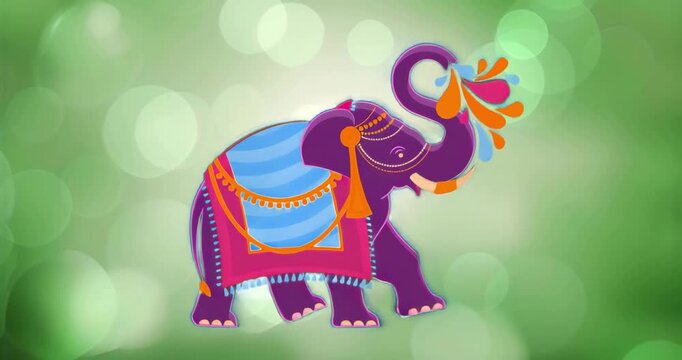 On starting, purple elephant raising trunk, walking right, releasing droplets showing ornate cloth