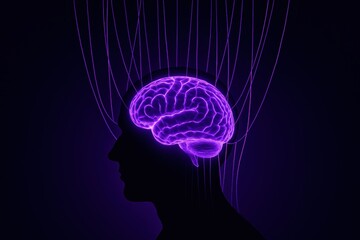 Obraz premium Cybernetic Brain: A striking illustration showcasing a stylized human head in silhouette, overlaid with a radiant, glowing brain, connected to numerous glowing filaments.