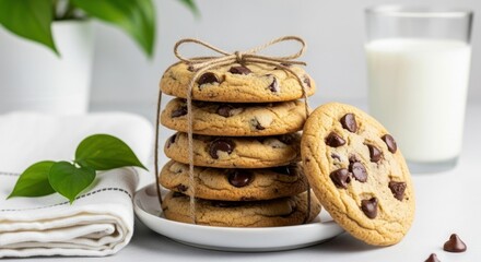 Delicious homemade chocolate chip cookies stacked high with a glass of milk and green leaves