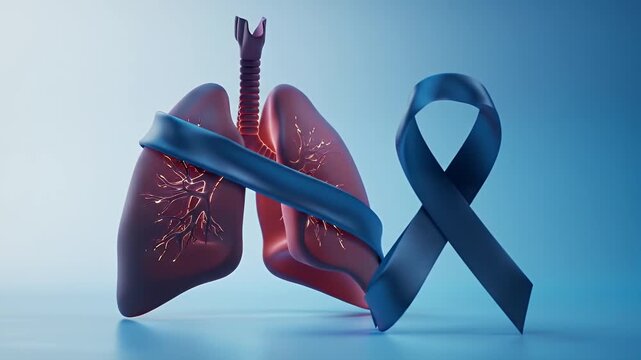 Stylized Anatomically Correct Lungs Encircled by a Dark Ribbon for Lung Cancer Awareness with a Light Blue Backdrop Perfect for Decoration and Raising Awareness for Lung Health More Than 170
