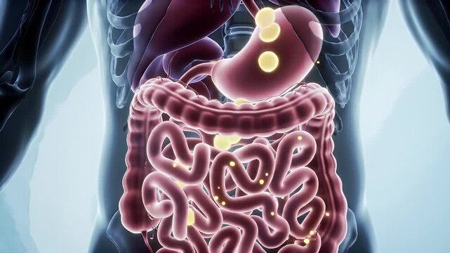 Stylized Animation of Human Digestive System with Transparent Organs Featuring Stomach and Intestines Set Against a Light Blue Backdrop Ideal for Medical Visualizations and Educational Content