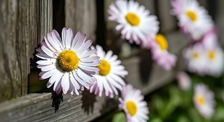 Obraz premium Delicate White and Pink Spring Daisies Blooming Beside a Rustic Wooden Fence in the Sunlight