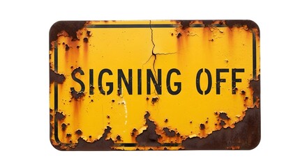 Rusty Sign: Signing Off - A weathered, vintage yellow sign with the words 'Signing Off' conveying a sense of finality and age.