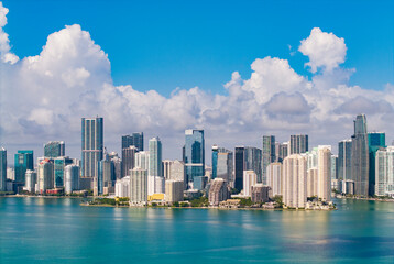 Aerial view of Brickell skyline in downtown Miami. Scenic panorama of Brickell financial district....