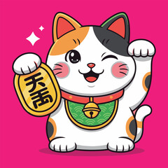 Adorable Calico Maneki-neko Cat Good Luck Charm Illustration