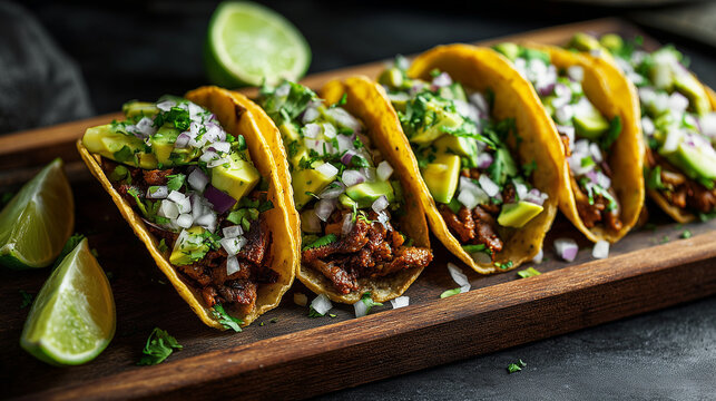 Loaded tacos with avocado, grilled meat, onions, and lime wedges on wooden tray