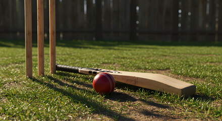 Cricket Bat and Ball on Grass Field in Backyard with Wooden Fence